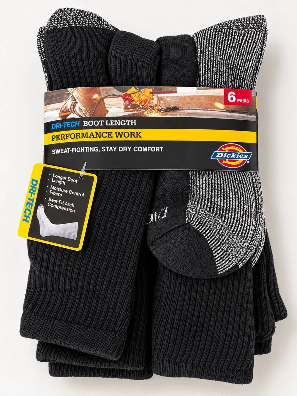 Dickies Men’s Dri-Tech Performance Work Socks 6 Pack Black Size 6-12 NWT